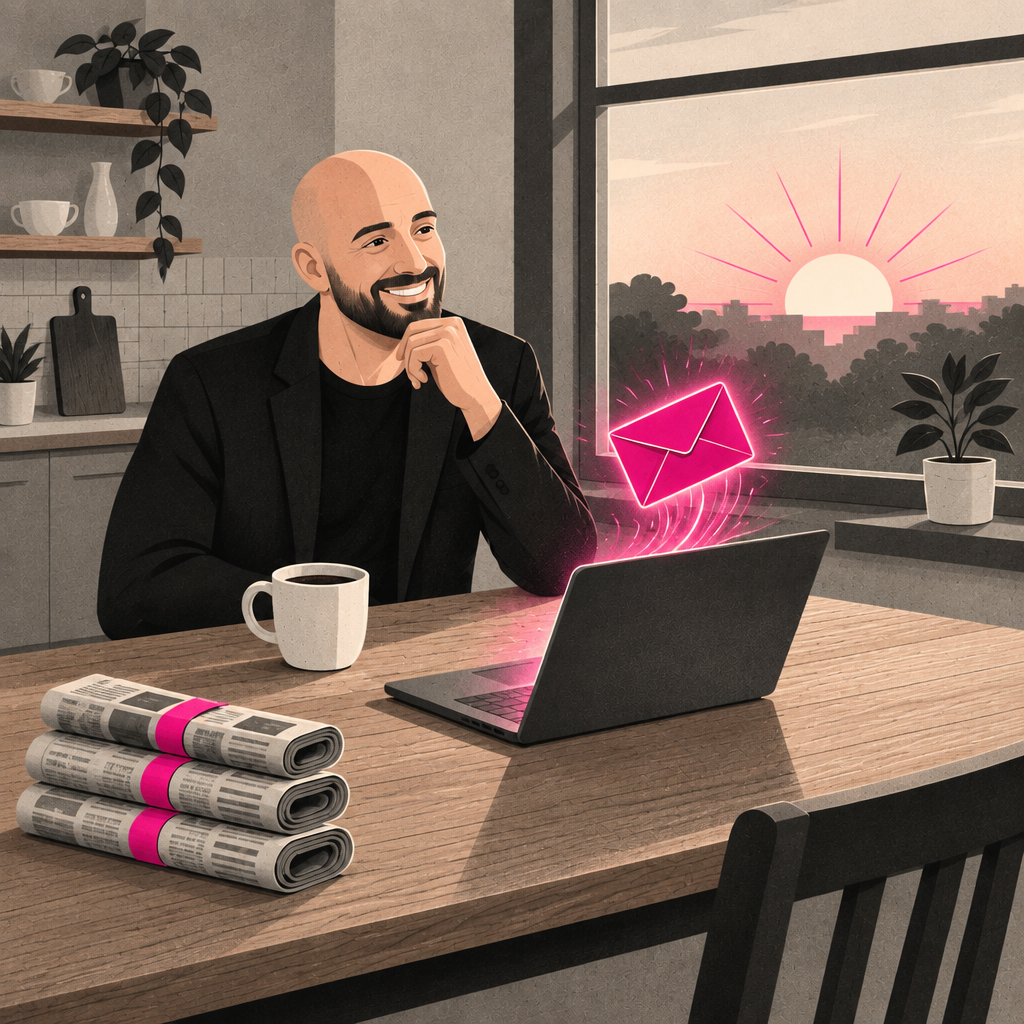 Ben at his kitchen table at sunrise with coffee as a pink email rises out of his laptop, a stack of rolled newspapers beside him