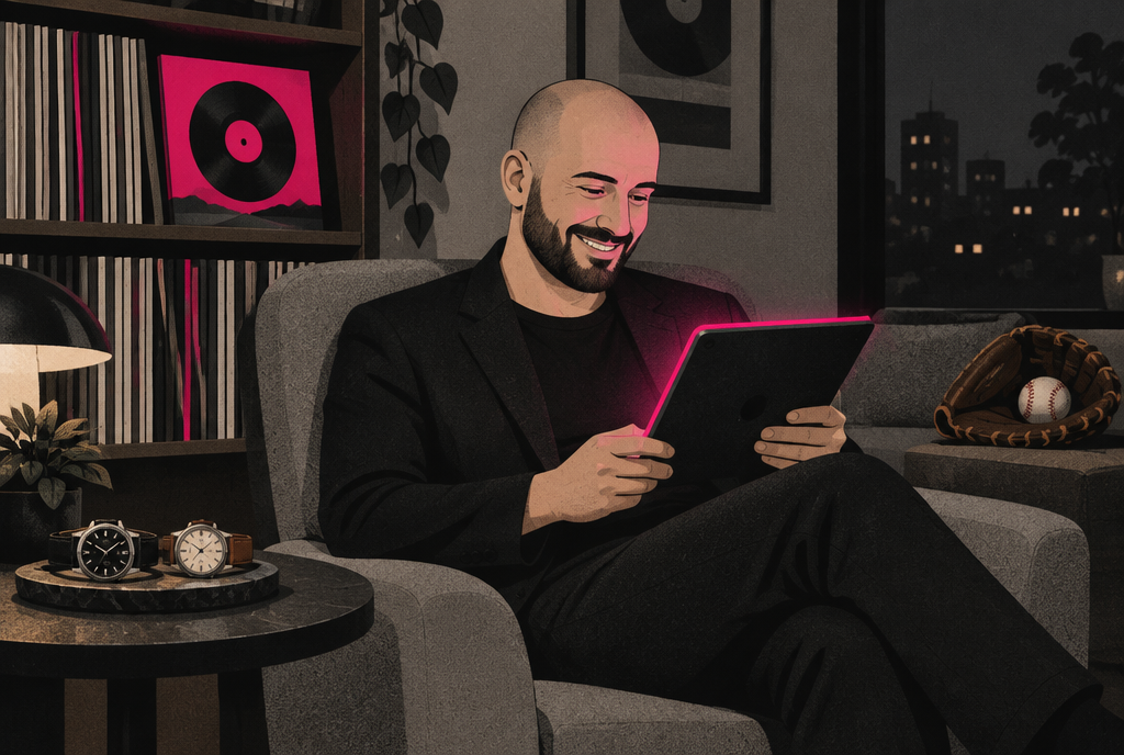 Ben relaxing in an armchair reading about his hobby on a tablet, surrounded by records, watches and a baseball glove