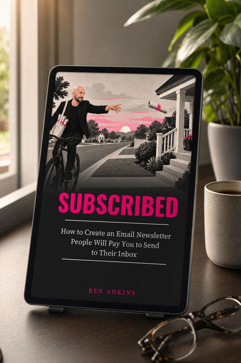 The Subscribed guide on a tablet on a wooden desk