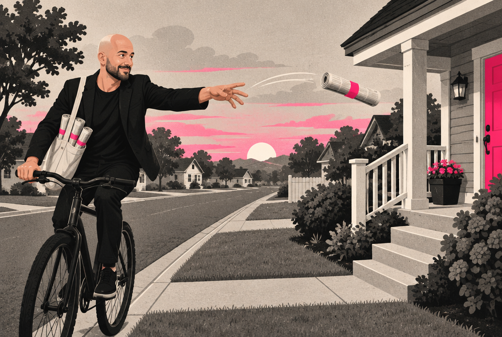Ben on a bicycle at dawn tossing a rolled newspaper with a pink band onto a porch